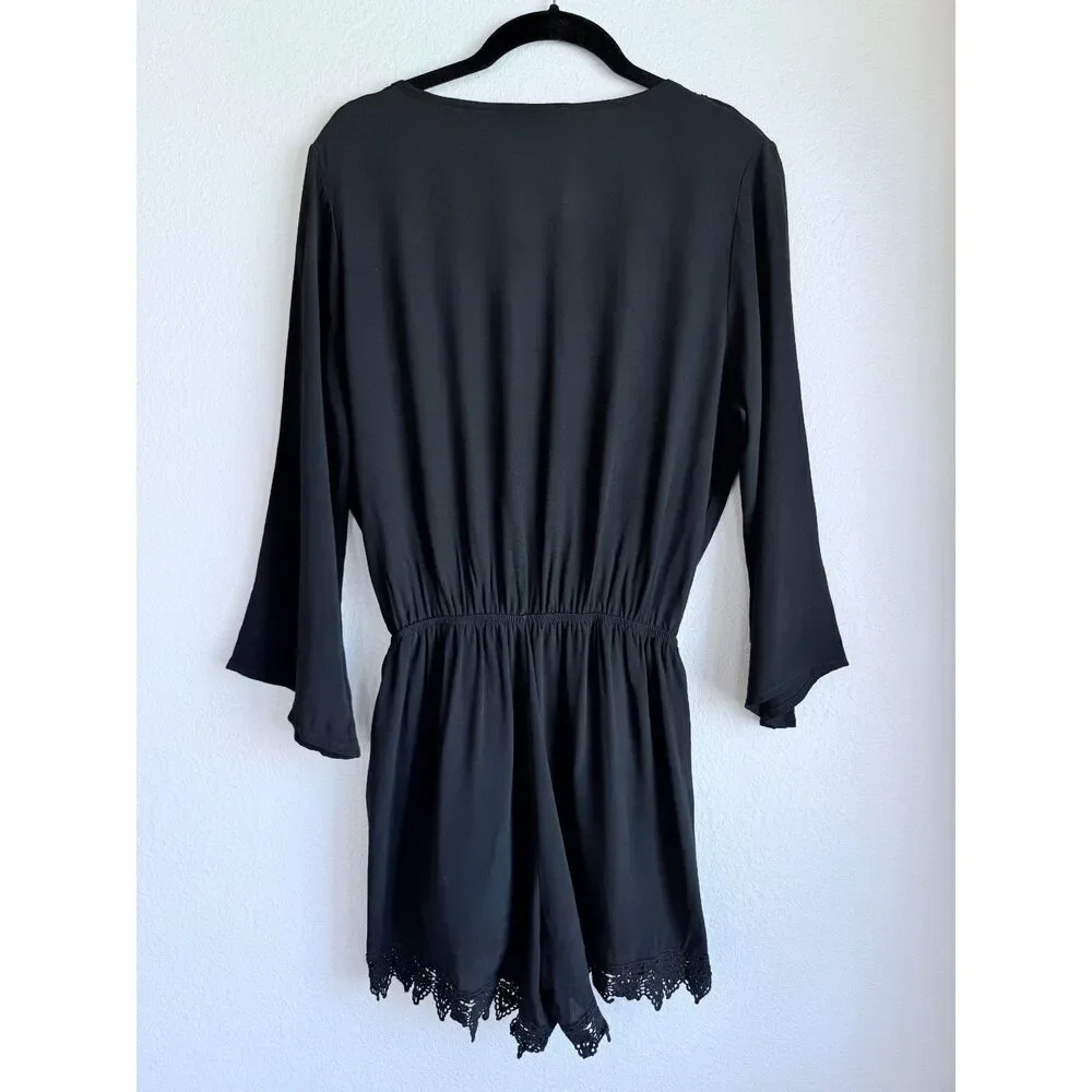 NWT Anthropologie Elevenses Lace-Trimmed Romper 3/4 Sleeves V-Neck in Black Sz M - Picture 6 of 15